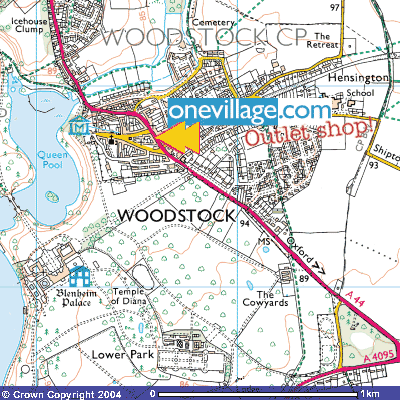 

Woodstock town plan
with part of Blenheim park,
showing exact location of
One Village Outlet Shop
.
